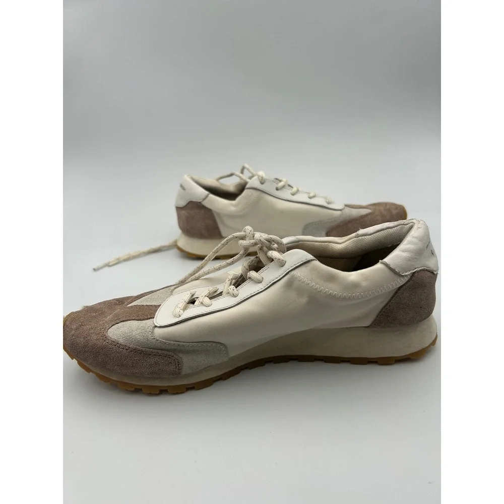 Tory Burch Bubble Sneakers Cream Brown Leather Textile Logo Low Top 8M 8913
